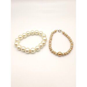 Pearl Beaded Bracelets Set - Large White Stretch Bracelet & Gold-Tone Clasp